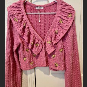 Zara Cardigan cable Knit Embroidered Flower